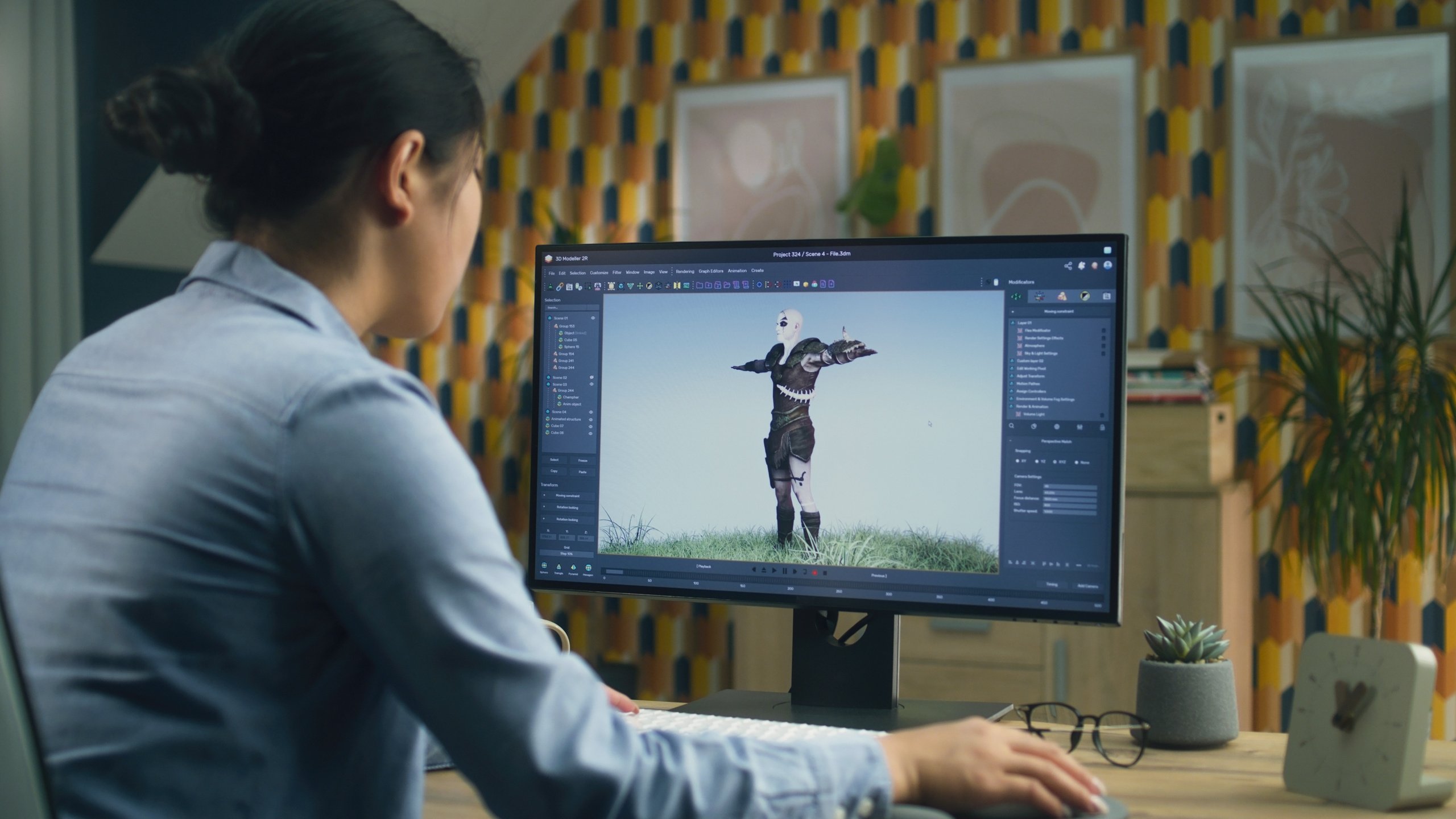 Woman making 3D animation for video game